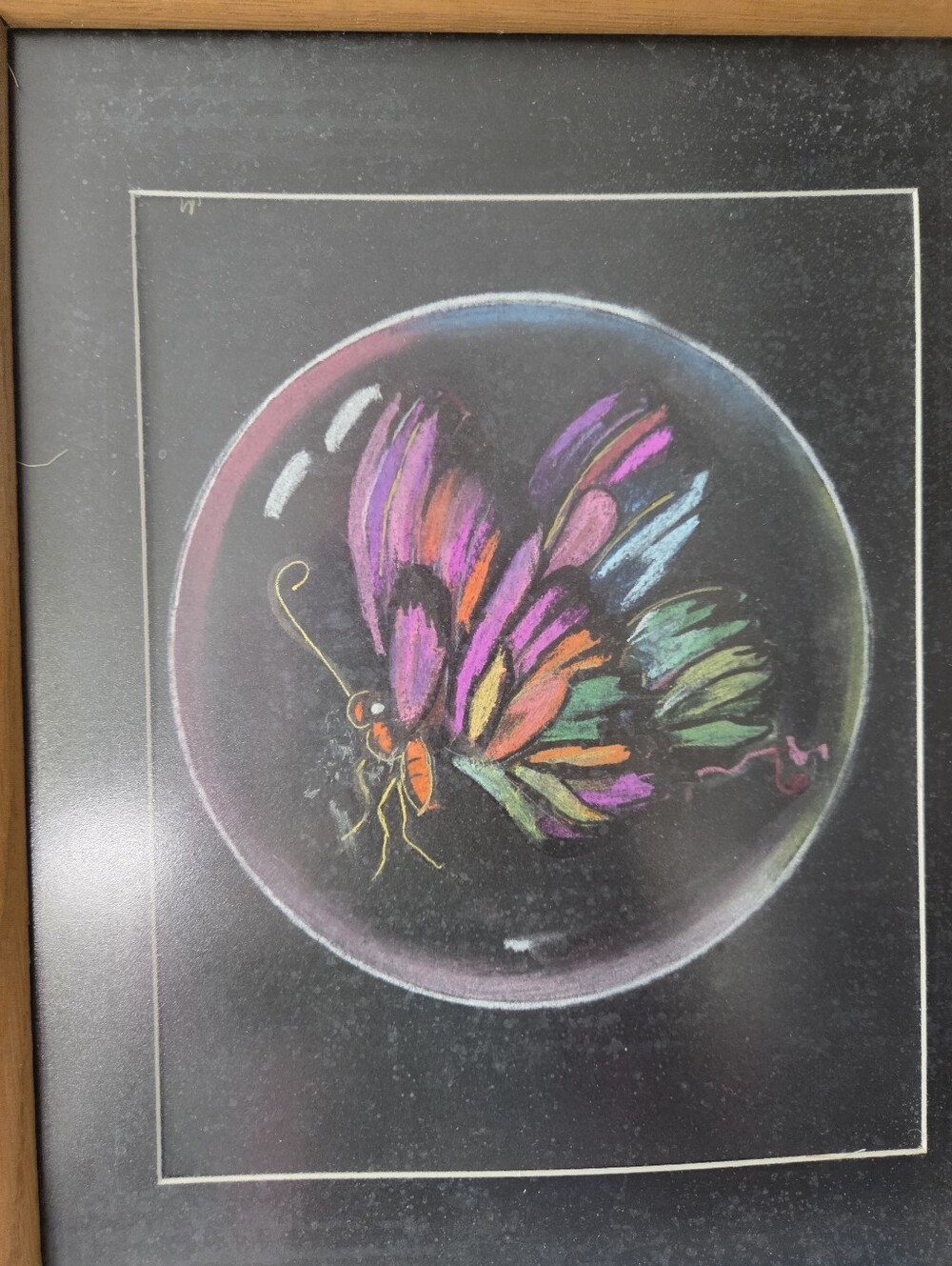 Framed Original Not A Print Colorful Butterfly In A bubble Chalk Art